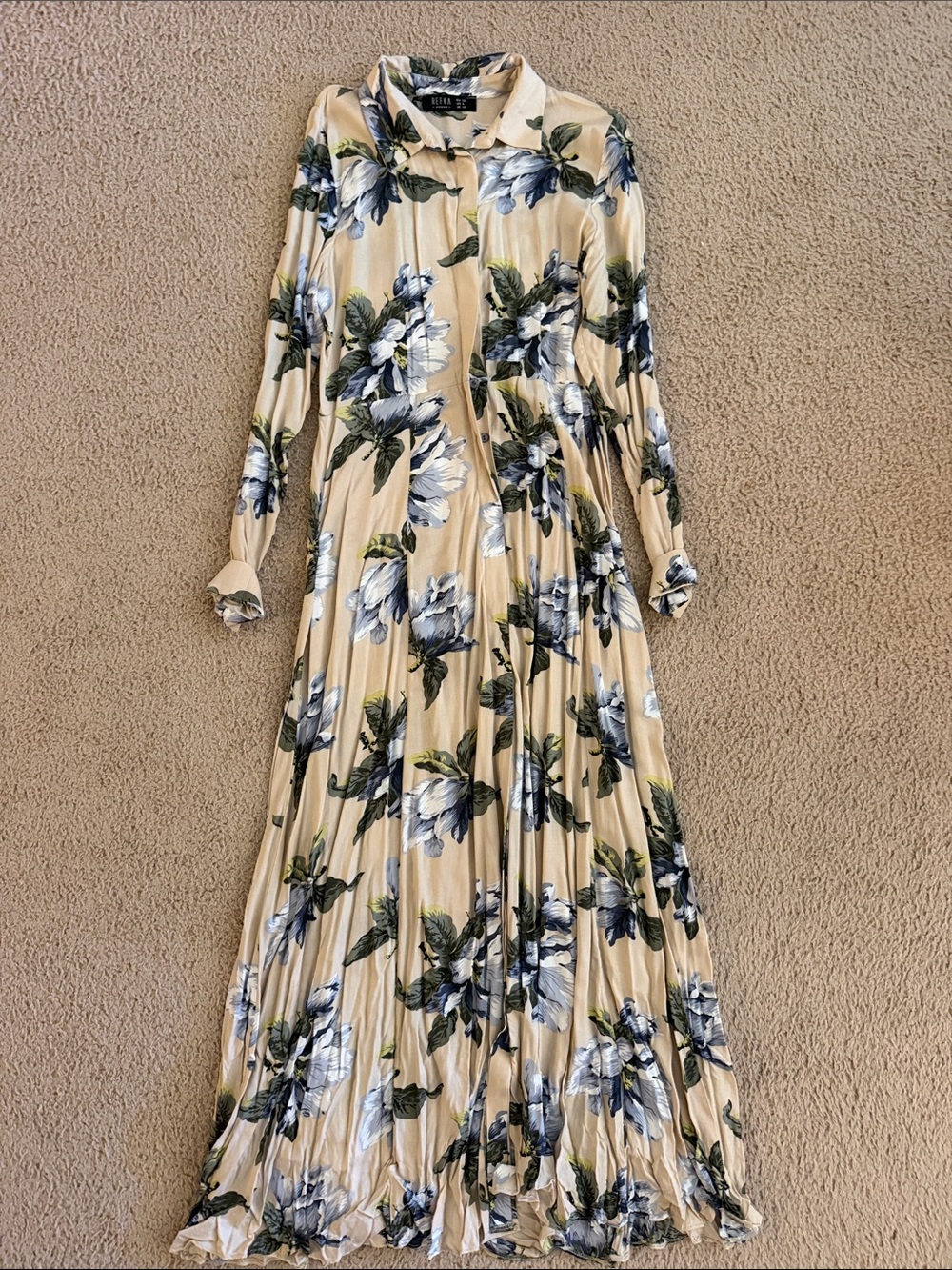 Floral Long-Sleeve Pleated Maxi Dress in Beige